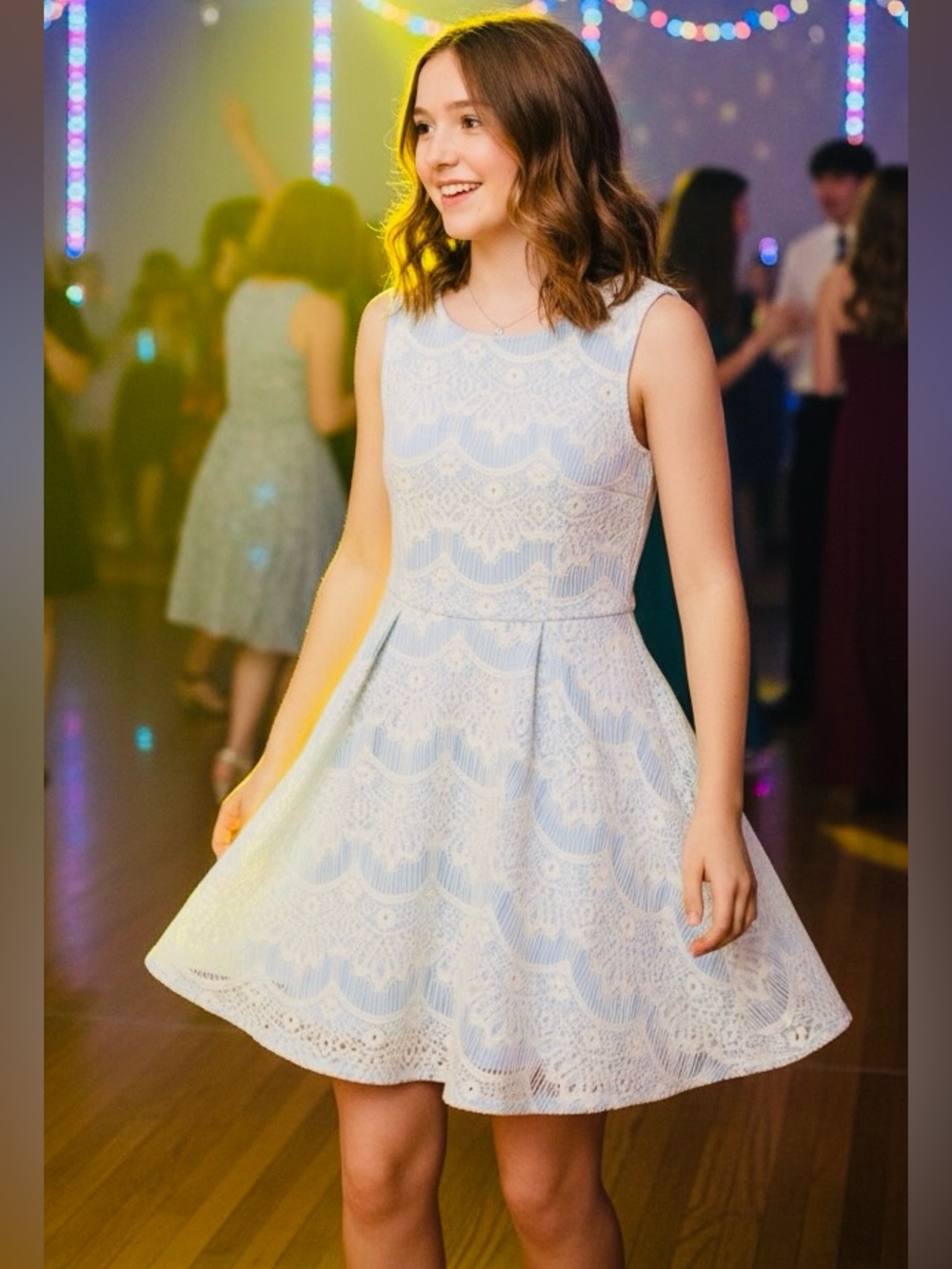 Y2K 90's WHITE LACE BABY BLUE COCKTAIL DRESS BY WINDSOR Small